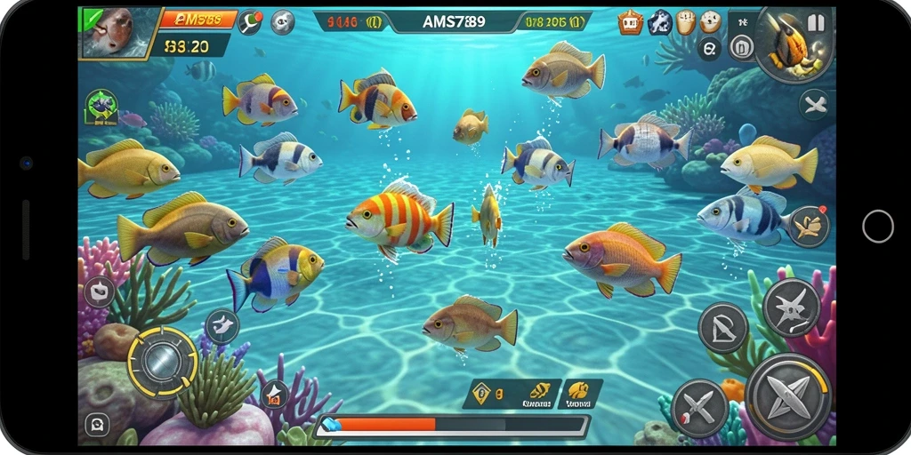 Screenshot AMS789 menampilkan aksi seru dalam memburu ikan.