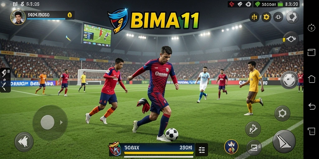 Screenshot BIMA11 menunjukkan aksi seru di lapangan sepak bola.