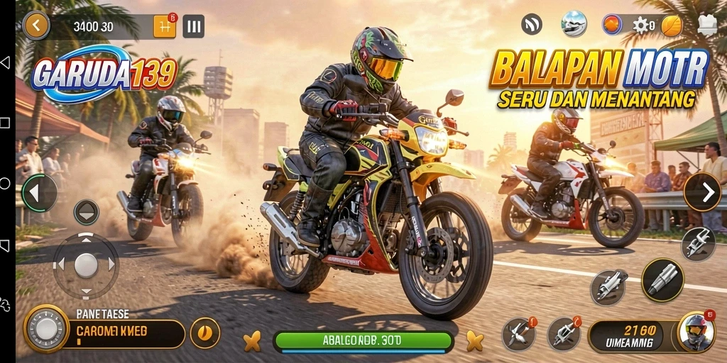 Tangkapan layar utama GARUDA138 menampilkan aksi balapan motor yang menegangkan.