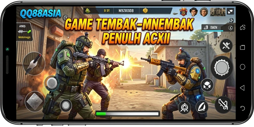 Screenshot gameplay QQ88ASIA menampilkan pertempuran intens di lingkungan yang mendetail.